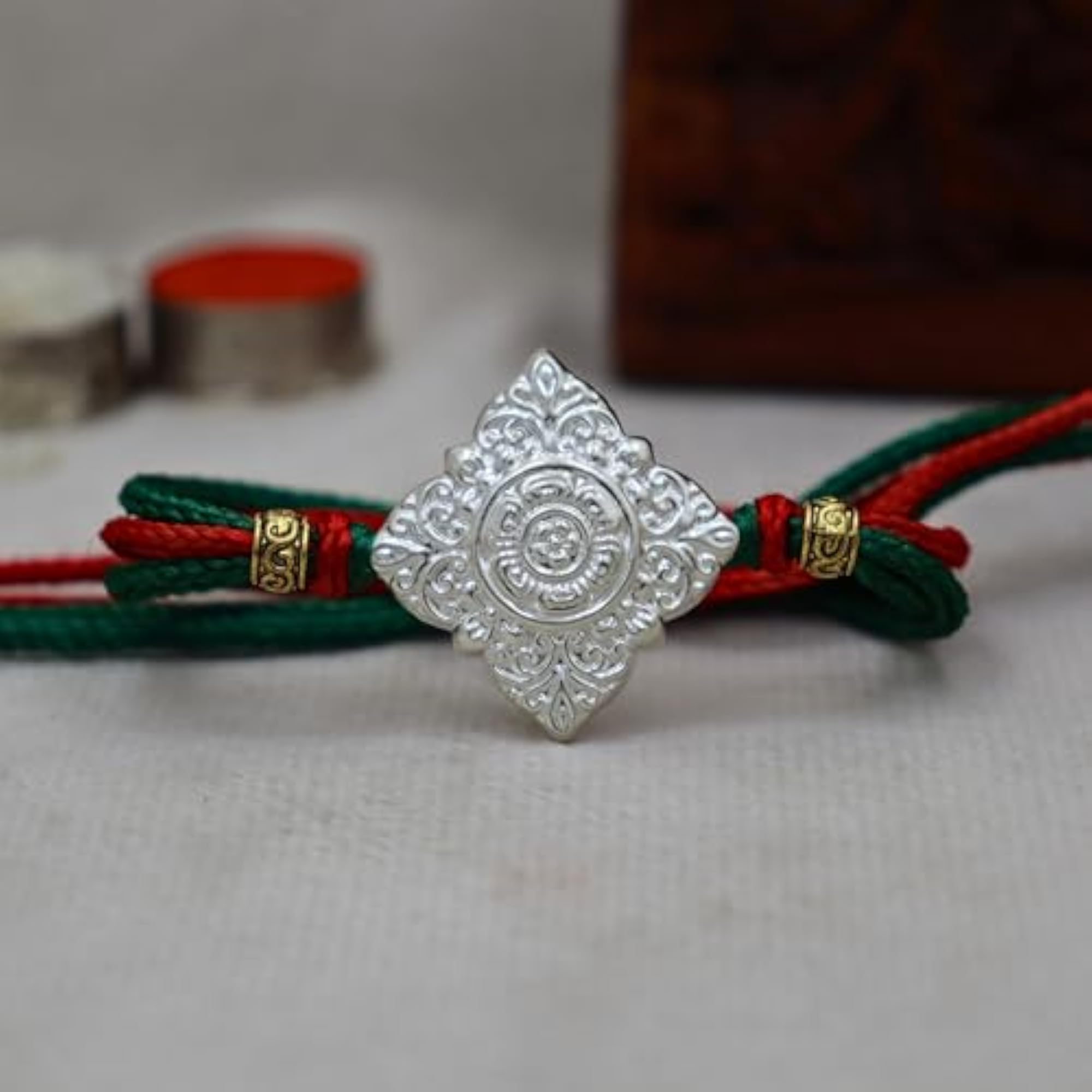925 Sterling Silver Rakhi Thread for Brother, Handcrafted Floral Design
